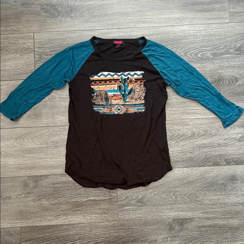 Rock & Roll Cowgirl Black and Teal Long Sleeve Tee